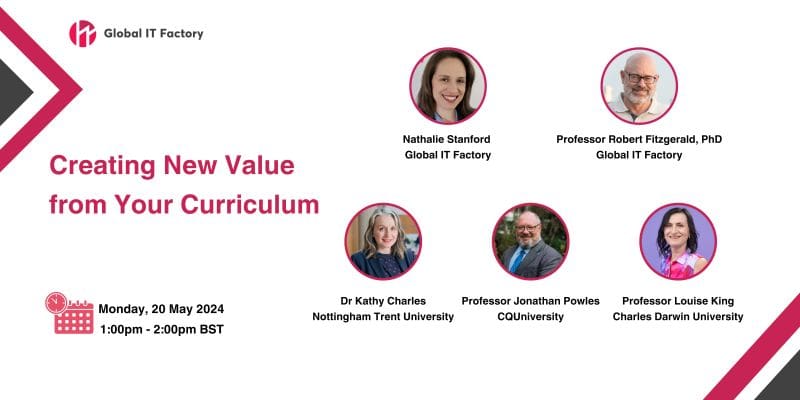 Promotional banner for a webinar titled "Creating New Value from Your Curriculum" featuring images of four speakers from Global IT Factory and universities, scheduled for May 20, 2024.